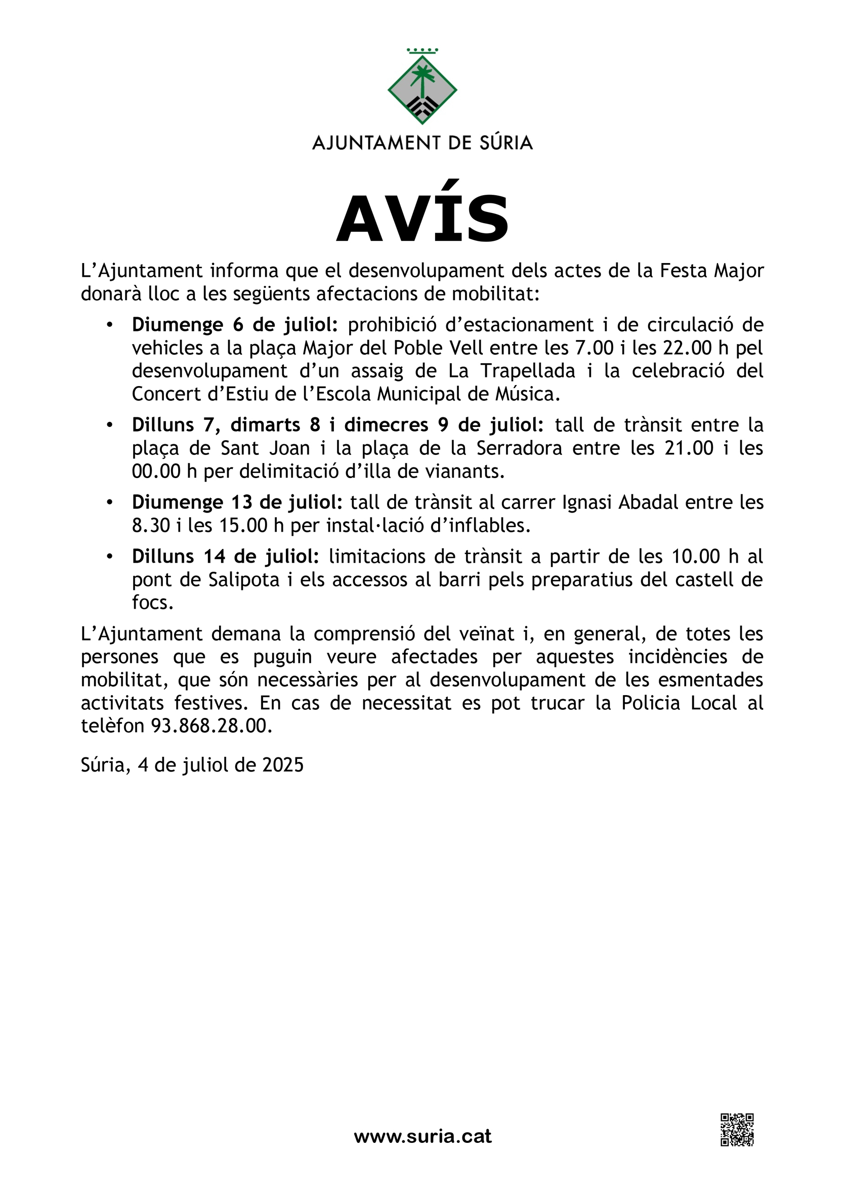 Avís sobre afectacions de mobilitat durant la Festa Major.