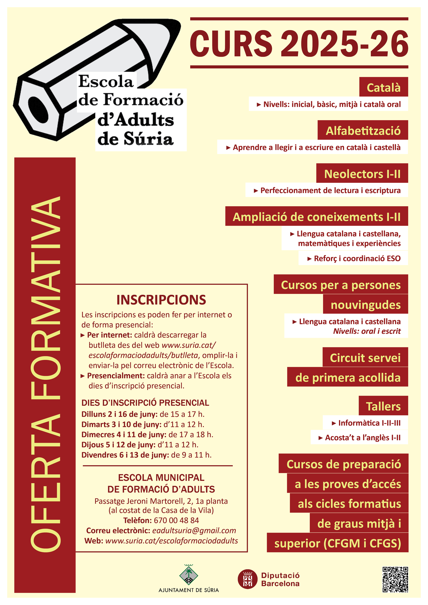 Cartell del període de matriculacions de l'Escola Municipal de Formació d'Adults per al curs 2025-26 - Del 2 al 16 de juny.