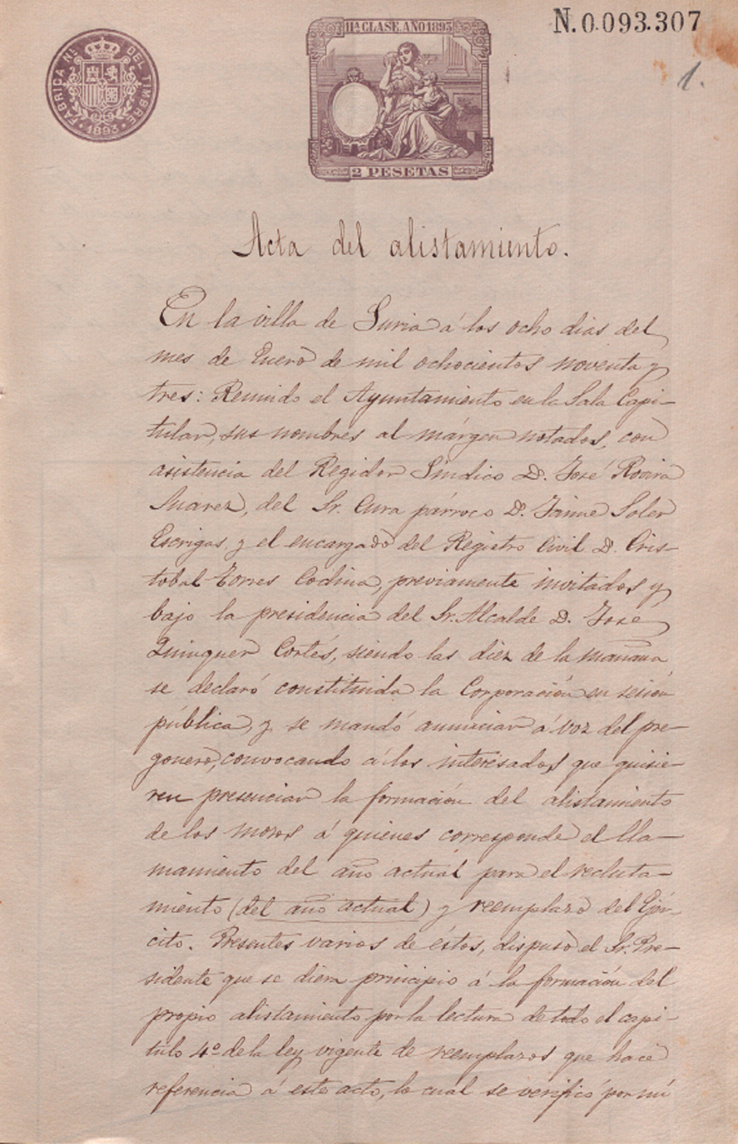 Pàgina d'una acta municipal de l'Ajuntament de Súria, corresponent al gener de 1893, digitalitzada en el web Arxius Municipals Digitals de la Diputació de Barcelona.